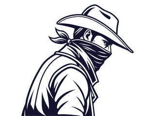 Strong Vector silhouette of a cowboy with a bandana covering his face portrait, isolated in white. Ideal for Western-themed designs, logos, and digital artwork.