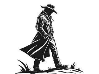 Western cowboy in a duster coat and hat, black silhouette, rugged and bold, isolated in white. Ideal for Western-themed designs, logos, and digital artwork. white background, flat vector