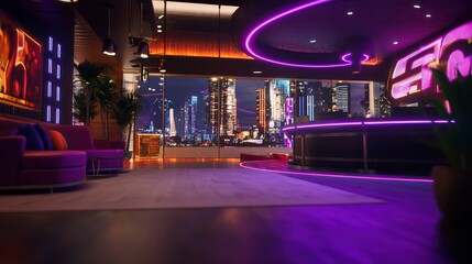 Futuristic city lounge, night view, purple neon, relaxing atmosphere