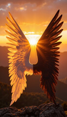Obraz premium Juxtaposed angel and demon wings silhouetted at sunset, symbolizing duality