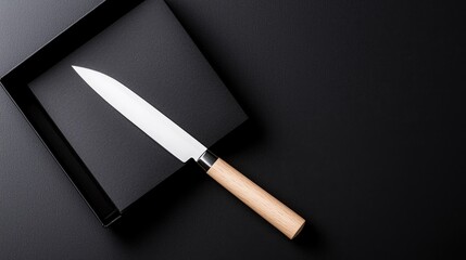 Kitchen knife in black tray, dark background, food prep