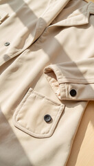 Neatly folded spring coat on wooden surface, minimalist elegance