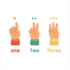 Obraz premium Colorful educational illustration of hand gestures showing numbers from 1 to 3. A fun and simple counting guide for kids, ideal for learning materials, preschool education, and math activities.