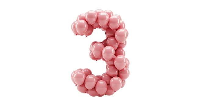 3 Number Made of Pink Balloon isolated on transparent background, Third 3rd Anniversary Made of Balloon PNG  