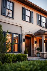 Fototapeta premium Luxury Home Exterior at Dusk: Elegant Brick Facade with Black Shutters and Warm Lighting