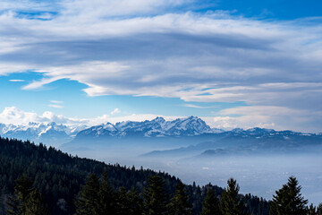 view towards the swiss mounatins of Säntis and more over the foggy rhein valley in alpine foehn weather with dark forest in foreground