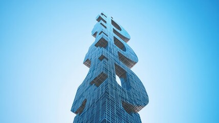 Bitcoin Skyscraper: A futuristic architectural marvel soaring into the blue sky, symbolizing the digital currency's rise and influence on the modern world.