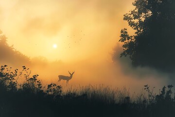 The warm glow dawn highlighting the silhouettes grazing deer in a misty field