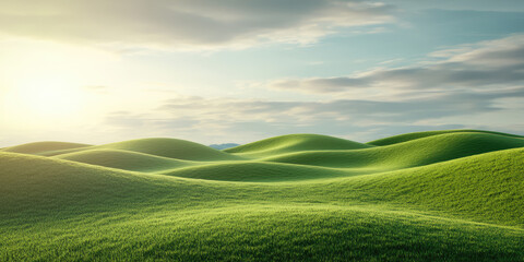 Obraz premium Calm minimalistic landscape with green hills and sky. Atmospheric simple wallpaper background. 