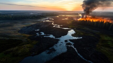 Fototapeta premium Sunset wildfire aerial view, boreal forest burning, deforestation, environmental damage