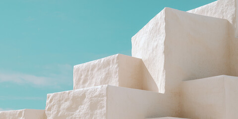 Minimalist composition with plaster geometric figures against the sky. Abstract art, stylish background. 
