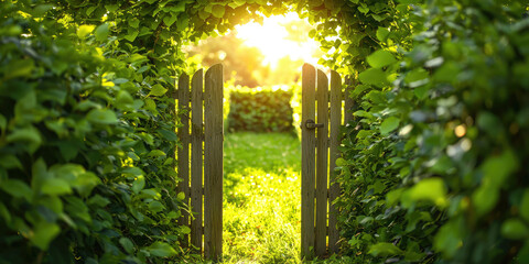 Open gate door of a garden plot fence in lush greenery. An invitation to visit a private house, cottage. Country house in nature