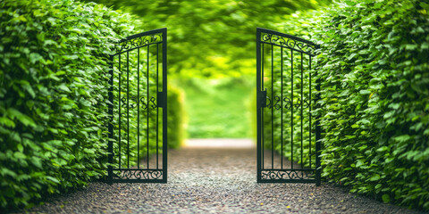 Open gate door of a garden plot fence in lush greenery. An invitation to visit a private house, cottage. Country house in nature