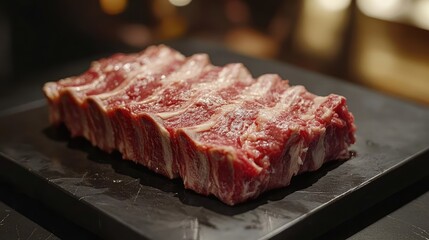Fototapeta premium Raw Slab of Meat on Black Cutting Board