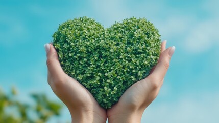 Heart-Shaped Female Hands, Valentine Concept: Romantic Heart Symbol Formed Between Green Grass and Blue Sky