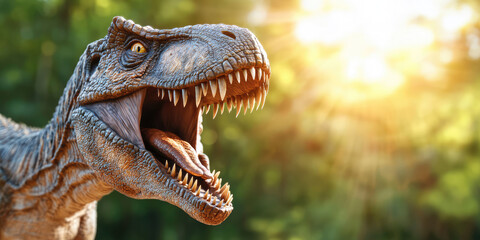 Fototapeta premium Prehistoric realistic dinosaur growls with open mouth, sharp teeth. Advertising background for dinosaur exhibition park