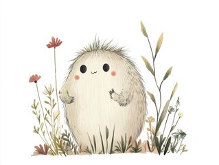 Cute small creature stands among colorful flowers in a whimsical natural setting