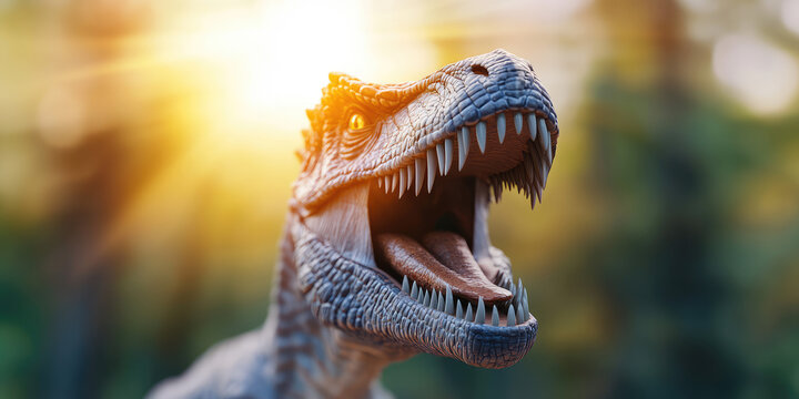 Prehistoric realistic dinosaur growls with open mouth, sharp teeth. Advertising background for dinosaur exhibition park