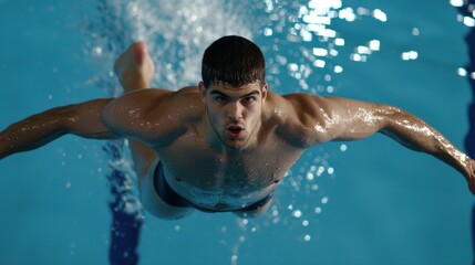 Male swimmer performing a dynamic dive in a clear blue pool, capturing the moment of action
