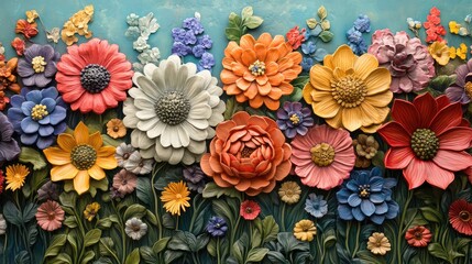 Colorful Floral Relief Art Display Featuring Vibrant Flower Patterns in a Dynamic Artistic Arrangement for Stock Image Use