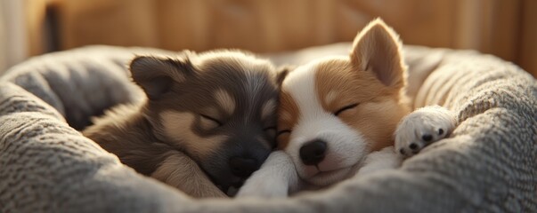 Sweet Dreams: Two Adorable Puppies Snuggling in Their Cozy Bed