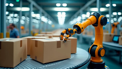 Smart industry robot arm working in factory warehouse. Concept of artificial intelligence for industrial revolution and automation manufacturing process.