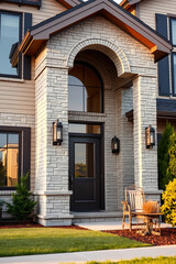 Obraz premium Elegant Home Exterior: Modern Brick House with Grand Entrance and Landscaping