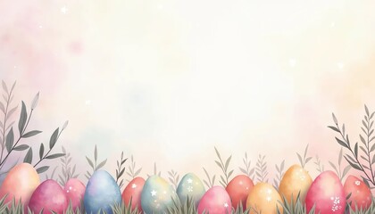 Easter background with eggs and leaves. Watercolor. Illustration with copy space for text.