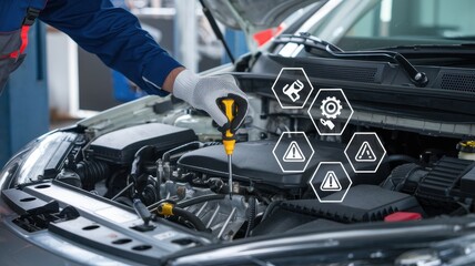 Mechanic Inspecting Car Engine with Diagnostic Icons