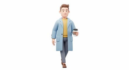 Man in blue coat holding cup of coffee and mobile phone in hand, standing in front of white background, Dean Rogers, stock photography, 3d model, portrait generative AI