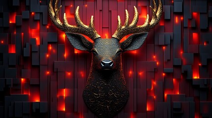 Golden Antlered Deer Head Against Dark Red Blocks