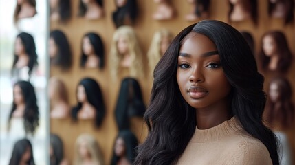 Woman with long hair in wig shop