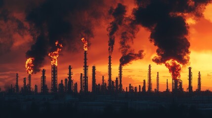 Obraz premium Fossil fuel emissions rising industrial landscape oil refineries urban environment sunset view environmental concerns