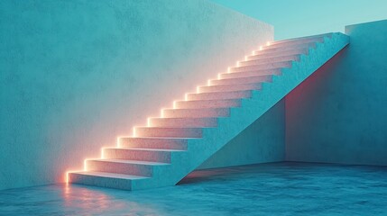 Obraz premium Illuminated stairs, concrete wall, glowing steps, success concept, 3D render