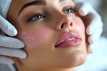 A close-up portrait of a young woman receiving facial sugar waxing, showing her relaxed and comfortable with a beautician working gently on her upper lip."

