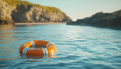 Bright orange lifebuoy floating on clear blue sea water in a serene beach setting