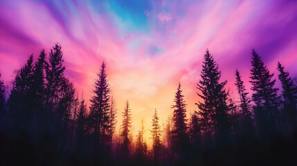 Vibrant sunset over silhouetted pine forest