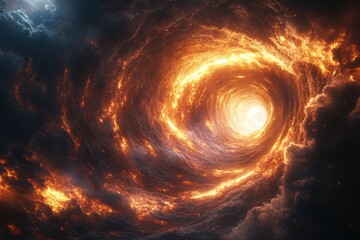 A swirling cosmic vortex of fiery colors and ethereal clouds.