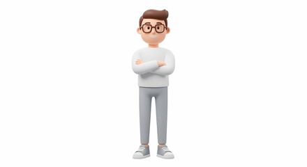 Man wearing glasses standing with arms crossed in front of him, wearing white shirt and grey pants, Andres Booth, photography, cartoon, portrait generative AI