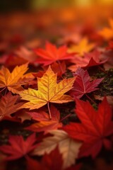 Close-up of fallen maple leaves, crisp detail, warm light , nature photography, macro, autumn leaves
