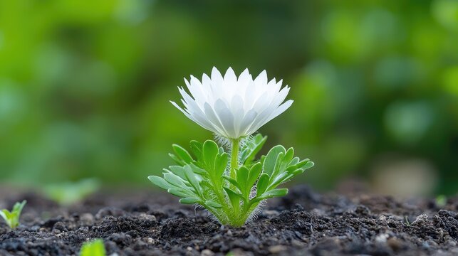 Single white flower growing from soil, blurred green background, nature scene, for use in nature, gardening or wellness content