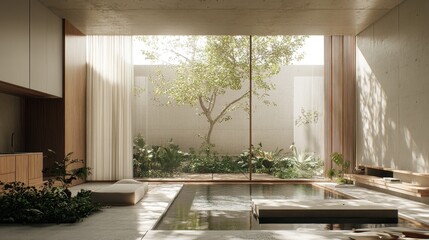 Modern minimalist home interior courtyard pool sunlight
