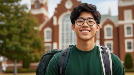 Capture the hopeful spirit of youth with this image showcasing a bright-eyed college freshman looking up at a university building, ready for an exciting academic journey A stock photo that perfectly