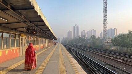 Naklejka premium Woman walking train platform, city skyline, sunrise