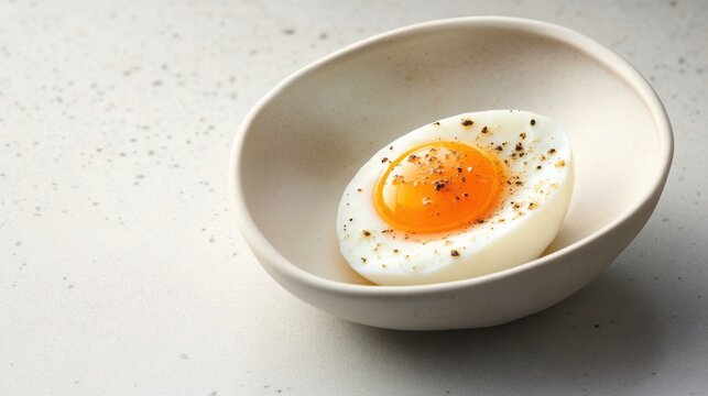 healthy and appetizing breakfast A half boiled egg with yolk and black pepper is presented in a white ceramic bowl, displayed against a neutral textured backdrop
