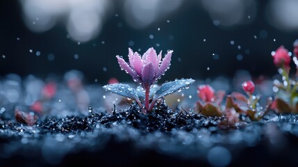 Pink flower growing in dark soil during rain. Use Nature photography