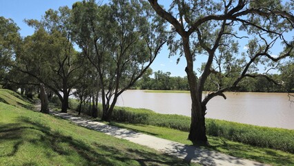 A peaceful riverside path lined with large trees providing shade, with a calm river and lush greenery in the background under a sunny, blue sky.