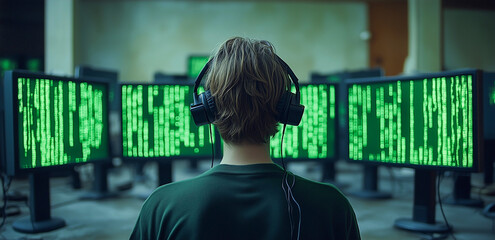 Young person wearing headphones focused on multiple computer screens displaying green code in a dimly lit room