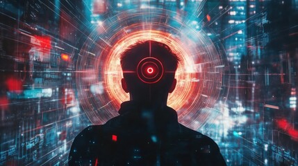 A silhouette in a high-tech setting, with a hovering reticle behind their head, evoking precision and control.