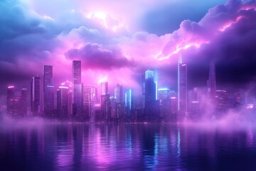 Fototapeta premium Explore the Future of Education A Mesmerizing Abstract Neon Cityscape Blended with a Virtual Classroom, Symbolizing the Digital Transformation of Online Learning Witness vibrant neon lights